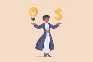 Finding the Balance Between Ideas and Investment Cartoon Depiction of a Woman Presenting a Lightbulb Representing Innovation and a Dollar Sign for Finance. vector