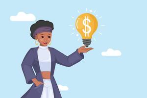 The Concept of Profitable Innovation Illustration of a Woman Presenting a Shining Light Bulb Symbolizing a Money Making Idea. vector