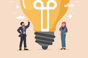 Collaborative Innovation. A Man and Woman Brainstorming Ideas Around a Large, Glowing Light Bulb. vector