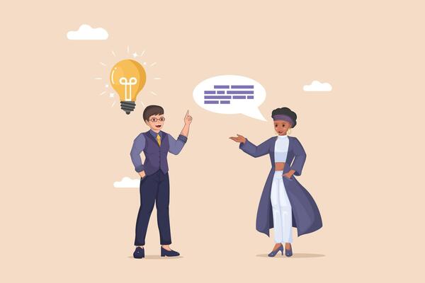 Sharing a Bright Idea and Receiving Feedback Businessman with a Lightbulb Above His Head Explaining to a Woman with a Speech Bubble.