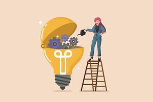 Cultivating Business Growth Through Innovation A Woman Nurturing Gears Inside an Open Lightbulb, Symbolizing Idea Development. vector