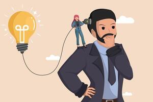 Connecting to Inspiration. A Businesswoman Plugging a Lightbulb into a Man's Head, Symbolizing Idea Generation. vector