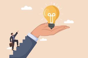 Finding the Right Idea. Businessman Climbing Stairs Towards a Guiding Hand Offering a Bright Lightbulb. vector