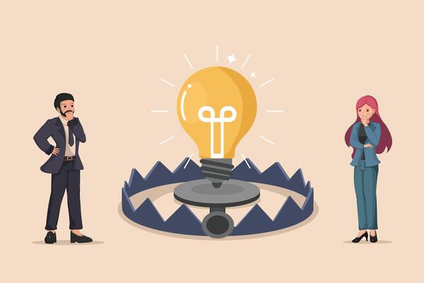 The Risk of New Ideas. A Glowing Light Bulb of Inspiration Caught in a Trap, Observed by Concerned Business Professionals.