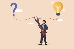 Breaking Down Problems for Innovative Solutions. Illustration of a Man with Giant Scissors About to Cut a Red Line Linking a Question Mark to an Illuminated Light Bulb. vector