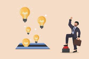 Stepping Stone to Success A Businessman Using a Button as a Step to Reach Floating Bright Ideas. vector
