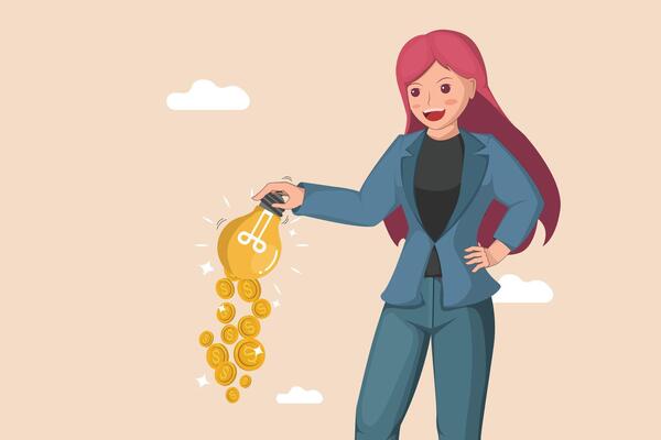Turning Bright Ideas into Financial Gains A Woman Holding a Glowing Lightbulb That Emits Streams of Gold Coins.