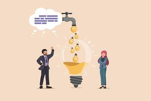 Cultivating a Powerful Idea Businessman Showing How Small Light Bulb Ideas Flow from a Faucet into a Large, Bright Light Bulb, Watched by a Woman. vector