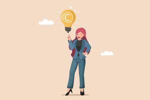 Woman with Copyrighted Idea Businesswoman Pointing to a Lightbulb with a Copyright Symbol, Representing Intellectual Property and Ownership. vector