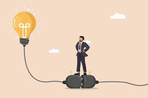 Connecting to Innovation. Businessman Plugging into a Bright Light Bulb Representing a New Idea. vector