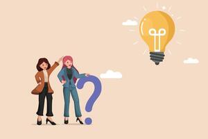 Two Businesswomen Facing a Problem Represented by a Question Mark, Looking Towards a Shining Light Bulb as Inspiration. vector