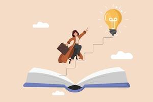 From Knowledge to Innovation Businesswoman Climbing Stairs Emerging from an Open Book Towards a Bright Idea Lightbulb. vector
