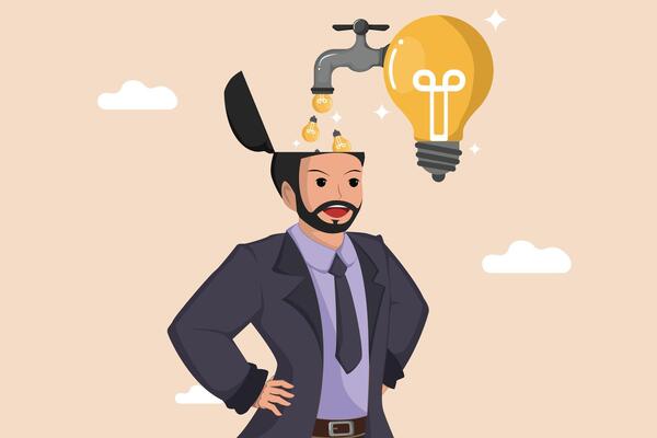 Unleashing a Stream of Ideas Businessman with Open Head and Faucet Pouring Light Bulbs, Symbolizing a Constant Flow of Creativity.