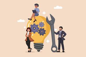 Developing the Bright Idea. A Team Working on a Lightbulb with Gears, Symbolizing Innovation and Progress. vector