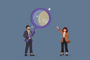 Discovering Potential Ideas Businessman Using a Huge Magnifying Glass to Observe a Subtle Lightbulb Shape Pointed Out by a Woman. vector
