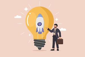 Business Innovation and Startup Launch. A Businessman Presenting a Bright Idea Represented by a Rocket Inside a Glowing Light Bulb. vector