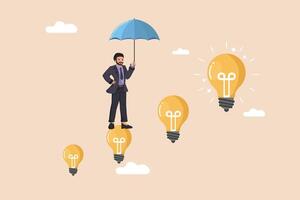 Safeguarding Innovative Business Concepts A Businessman with an Umbrella Protecting Emerging Ideas Represented by Glowing Light Bulbs. vector