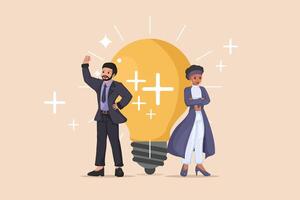 The Power of Positive Thinking in Business Collaboration Illustration of a Man and Woman Inspired by a Glowing Lightbulb and Positive Reinforcement. vector