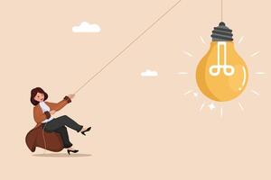 Pulling Towards a Bright Idea A Determined Businesswoman Using a Rope to Draw a Glowing Light Bulb Closer. vector