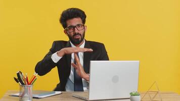Indian business man showing time out gesture, limit or stop sign, no pressure, i need more time video