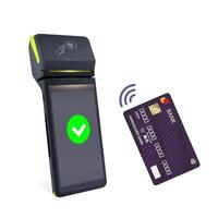 Realistic Black Wi-Fi Payment Machine and Credit Card POS Terminal Design Template Bank Payment Terminal Mockup. vector