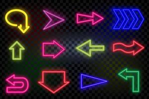 Neon arrows pointing in different directions, multi-colored, with a transparent effect. vector