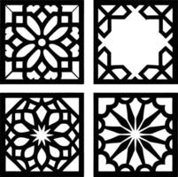 Black and white geometric pattern design featuring intricate floral and star shapes in squares vector
