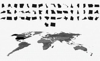Black Maps of US States on a Highlighted Global Map. Big Maps Collection vector