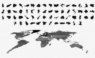 Black Maps of European Nations on a Highlighted Global Map. Big Maps Collection vector