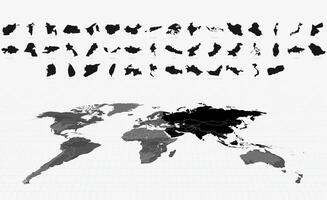 Black Maps of Asian Nations on a Highlighted Global Map. Big Maps Collection vector