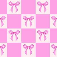 Pink Checkered Seamless Pattern with Ribbon Bows. Coquette, Vintage and Romantic design. Playful background for feminine projects, vintage wrapping paper, textiles, and Valentines Day vector