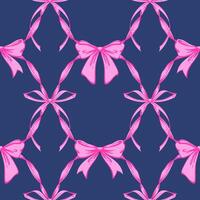 Pink Ribbon Bow Lattice Seamless Pattern on purple. Coquette, Vintage and Romantic checkered pattern on dark blue with bows. Rococo background for feminine projects, vintage wrapping paper, textiles vector