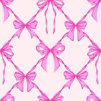 Pink Ribbon Bow Lattice Seamless Pattern. Coquette, Vintage and Romantic checkered pattern with bows. Rococo background for feminine projects, vintage wrapping paper, textiles, and Valentines Day vector