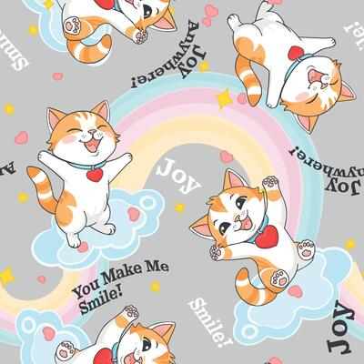 Seamless kawaii cat pattern with rainbow cloud hearts and text Joy Smile You Make Me Smile