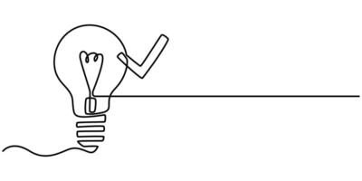 Light bulb with correct mark verify continuous one line drawing, Continuous line drawing check mark icon. Single line confirmation. vector