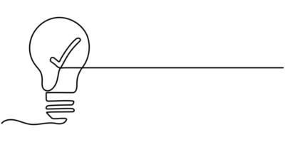 Light Bulb Continuous One Line Drawing Icon for Creativity, Innovation topics, Check Mark vector