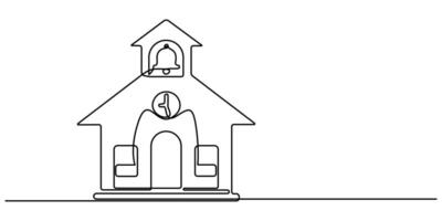 black and white school building with trees and flag isolated on white background back to school line illustration continuous one line drawing vector