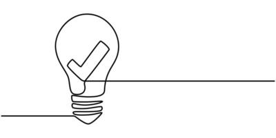 Light bulb with correct mark verify continuous one line drawing, Continuous line drawing check mark icon vector