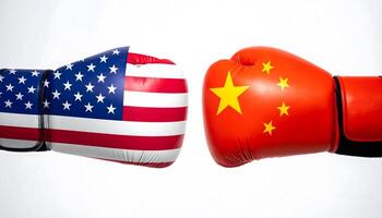 Two boxing gloves with USA and China flags collide symbolizing economic conflict, political rivalry, and global power struggle between the worlds leading. Trade war. Ai image photo