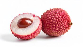 Close-up of a peeled lychee fruit next to a whole lychee with textured red skin. Isolated on white background, ideal for tropical fruit concepts, food packaging. Ai image photo