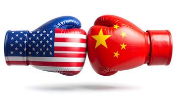 Two boxing gloves with USA and China flags collide, symbolizing economic conflict, political rivalry, and global power struggle between the worlds leading. Trade war. Ai image photo