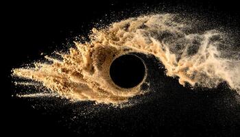 Golden sand bursts into the air against a black background, captured with high-speed motion. A dynamic, abstract display of fine particles, perfect for design, texture, and visual effects. photo