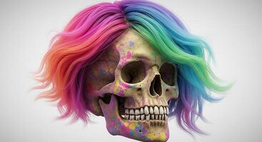 A skull with colorful hair on a white background photo