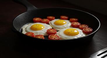 A pan with eggs and tomatoes on it photo