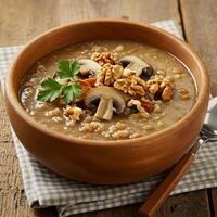 A bowl of soup with a spoon and a napkin photo