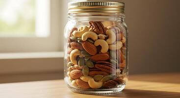 A jar filled with nuts and seeds on a table photo