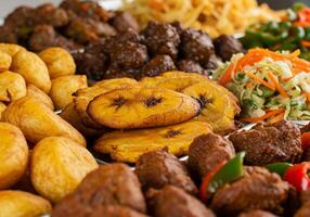 A variety of different types of food on a tray photo