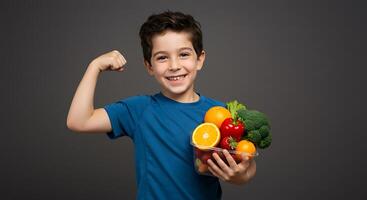 A boy is holding a bowl of fruits and vegetables photo