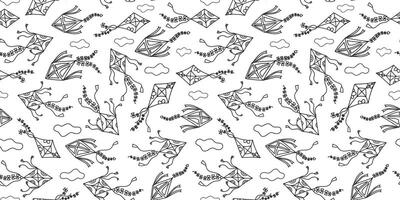 Pattern, seamless background. Kite flying in the sky, clouds. Hand drawn icon, doodle. Set of line drawings, sketch. vector