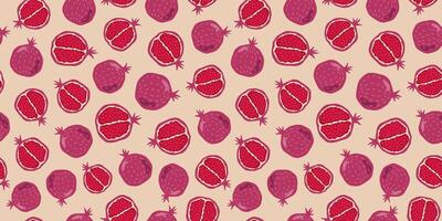 Pomegranate slices and whole fruit pattern. Vitamin natural vegetarian food. Color flat illustration, graphics print. Seamless background. vector